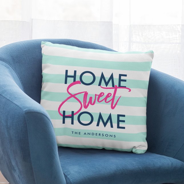 Preppy Pastel Mint & White Blue Home Sweet Home Cushion (Creator Uploaded)