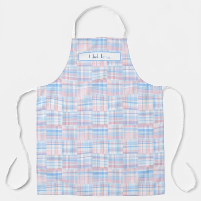 Preppy Pastel Multicolor Patchwork Madras Pink Blu Apron (Front)