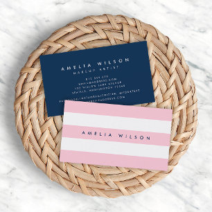 Preppy Pastel Pink and White Stripes Blue Business Card
