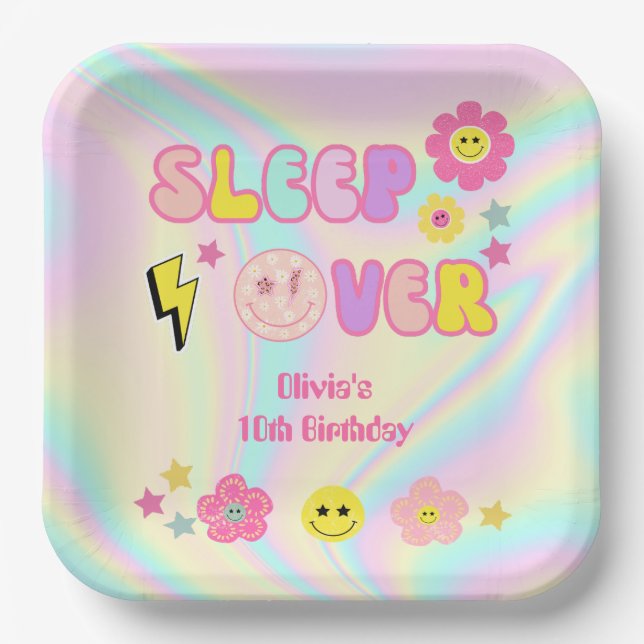 Preppy Pastel Pink Y2K Sleep Over Birthday Paper Plate (Front)