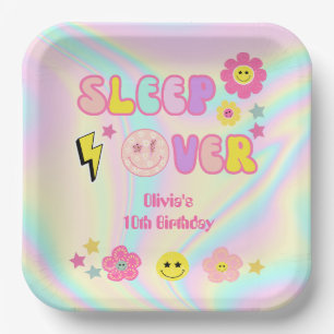 Preppy Pastel Pink Y2K Sleep Over Smiley Birthday Paper Plate