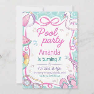 Preppy Pastel Pool Party 8th Birthday Invitation