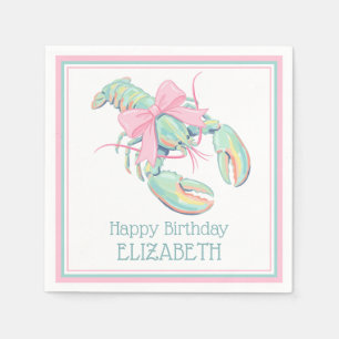 Preppy Pastel Watercolor Lobster on Stripes Napkin
