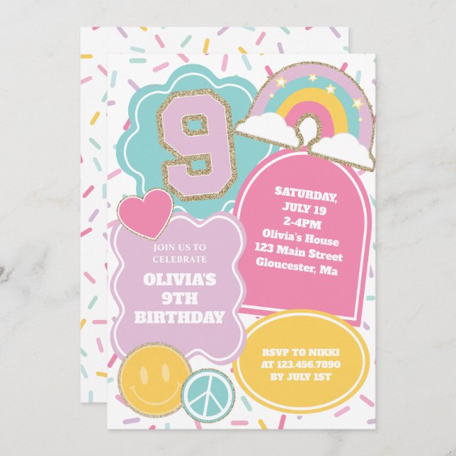 Preppy Patch 9th Birthday Invitation (Front/Back)