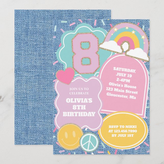 Preppy Patch denim 8th Birthday Invitation (Front/Back)