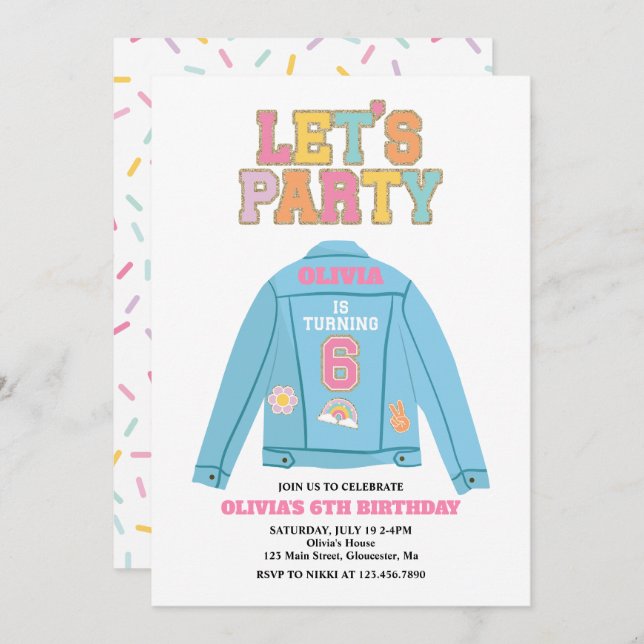 Preppy Patch jean jacket 6TH Birthday Invitation (Front/Back)