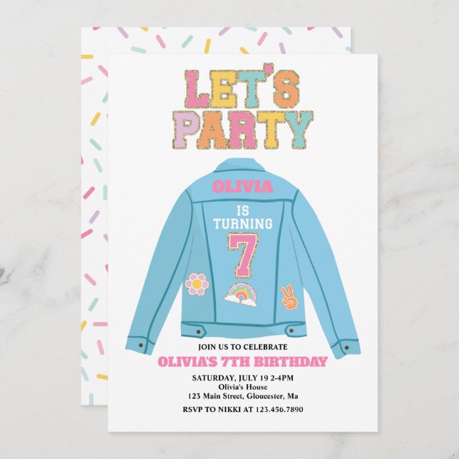 Preppy Patch jean jacket 7TH Birthday Invitation (Front/Back)