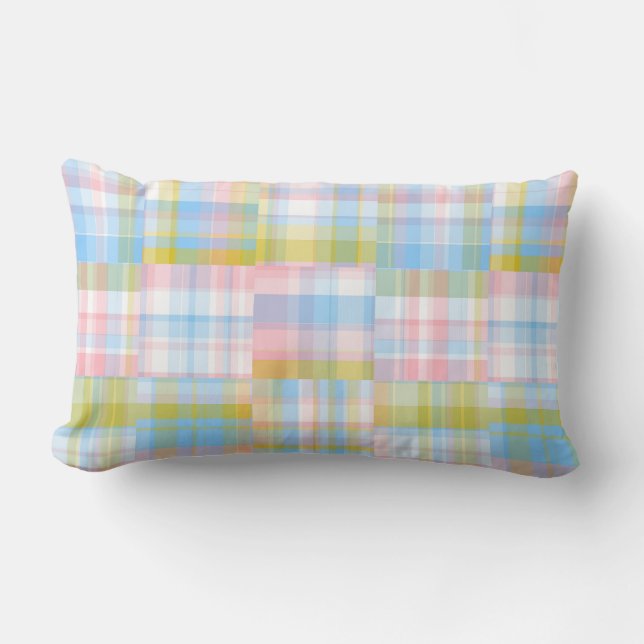 Preppy Patchwork Look Madras Pastel Lumbar Cushion (Front)