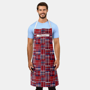 Preppy Patchwork Madras Deep Red Navy White Apron