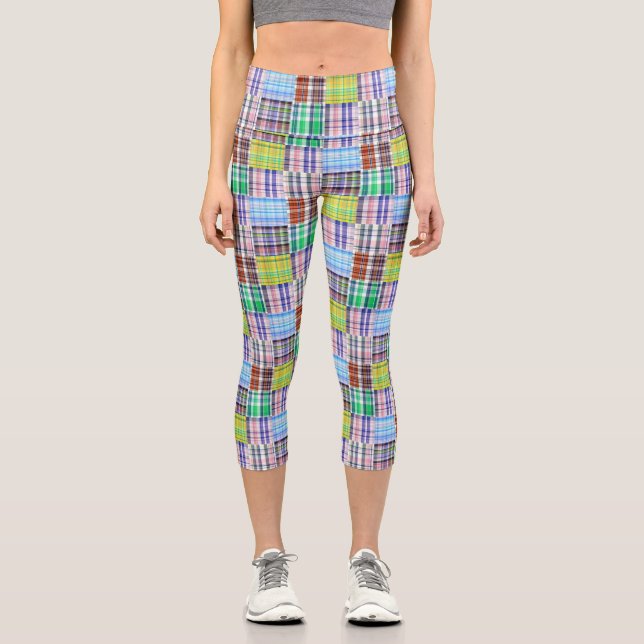 Preppy Patchwork Madras Look #1 Capri Leggings (Front)
