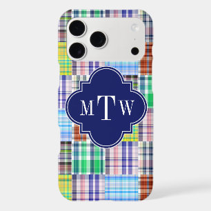 Preppy Patchwork Madras Navy Quatrefoil  Monogram
