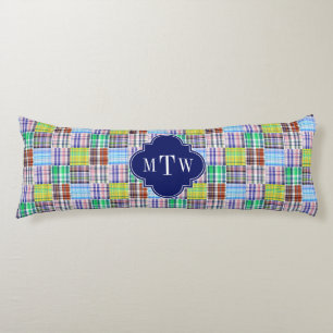 Preppy Patchwork Madras Navy Quatrefoil  Monogram Body Cushion
