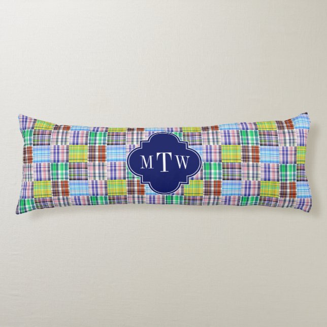 Preppy Patchwork Madras Navy Quatrefoil  Monogram Body Cushion (Front)