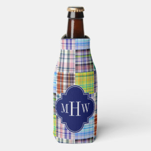 Preppy Patchwork Madras Navy Quatrefoil  Monogram Bottle Cooler