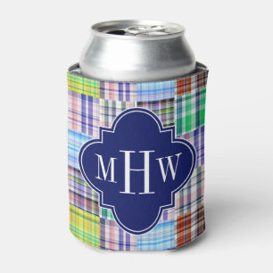 Preppy Patchwork Madras Navy Quatrefoil  Monogram Can Cooler