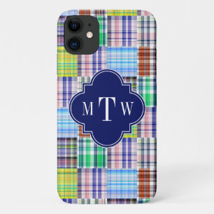 Preppy Patchwork Madras Navy Quatrefoil  Monogram iPhone 11 Case