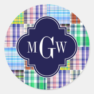 Preppy Patchwork Madras Navy Quatrefoil  Monogram Classic Round Sticker