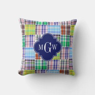 Preppy Patchwork Madras Navy Quatrefoil  Monogram Cushion