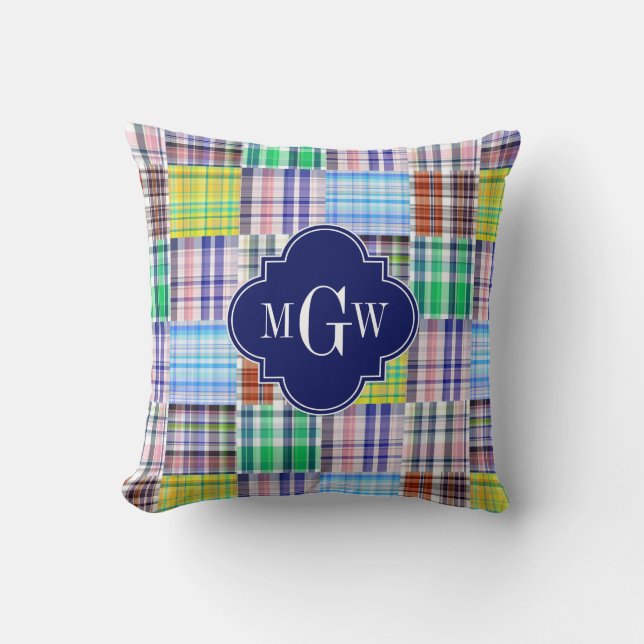 Preppy Patchwork Madras Navy Quatrefoil  Monogram Cushion (Front)