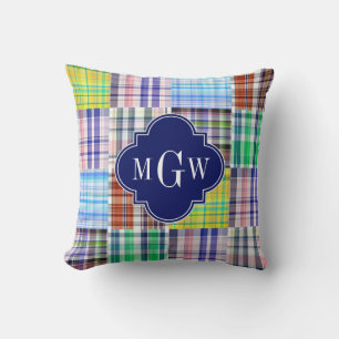 Preppy Patchwork Madras Navy Quatrefoil  Monogram Cushion