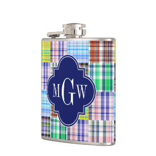 Preppy Patchwork Madras Navy Quatrefoil  Monogram Hip Flask