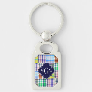 Preppy Patchwork Madras Navy Quatrefoil  Monogram Key Ring