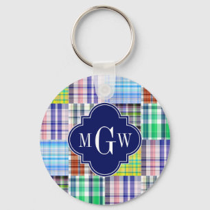 Preppy Patchwork Madras Navy Quatrefoil  Monogram Key Ring