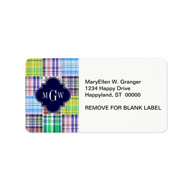 Preppy Patchwork Madras Navy Quatrefoil  Monogram Label (Front)