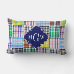 Preppy Patchwork Madras Navy Quatrefoil  Monogram Lumbar Cushion