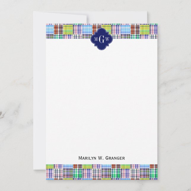 Preppy Patchwork Madras Navy Quatrefoil  Monogram Note Card (Front)