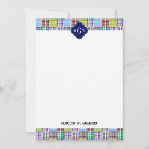 Preppy Patchwork Madras Navy Quatrefoil  Monogram Note Card