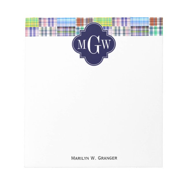Preppy Patchwork Madras Navy Quatrefoil  Monogram Notepad (Front)