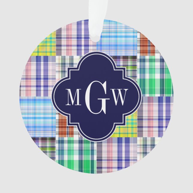 Preppy Patchwork Madras Navy Quatrefoil  Monogram Ornament (Front)