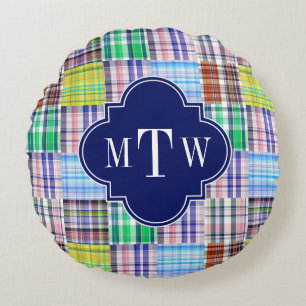 Preppy Patchwork Madras Navy Quatrefoil  Monogram Round Cushion