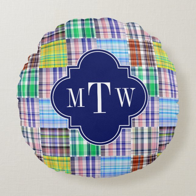 Preppy Patchwork Madras Navy Quatrefoil  Monogram Round Cushion (Front)