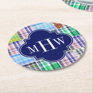 Preppy Patchwork Madras Navy Quatrefoil  Monogram Round Paper Coaster