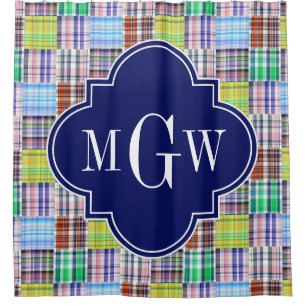 Preppy Patchwork Madras Navy Quatrefoil  Monogram Shower Curtain