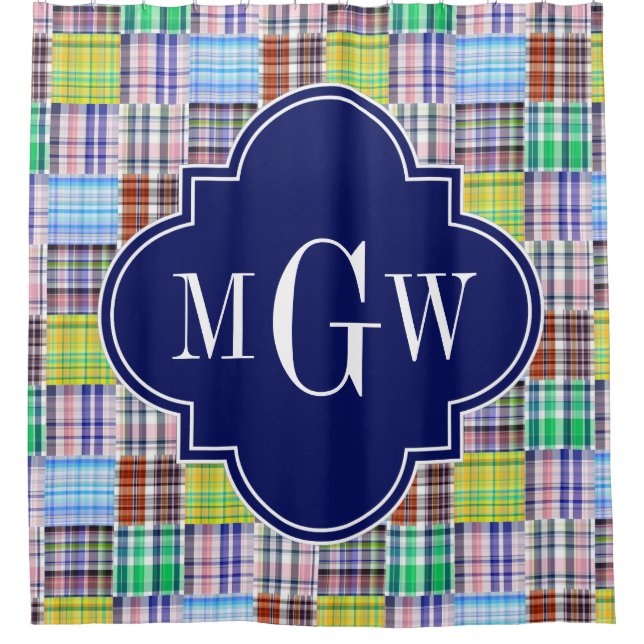 Preppy Patchwork Madras Navy Quatrefoil  Monogram Shower Curtain (Front)
