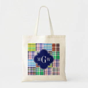 Preppy Patchwork Madras Navy Quatrefoil  Monogram Tote Bag