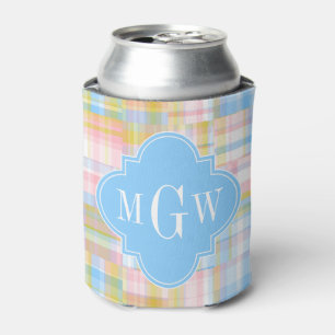 Preppy Patchwork Madras Pastel Quatrefoil Initials Can Cooler
