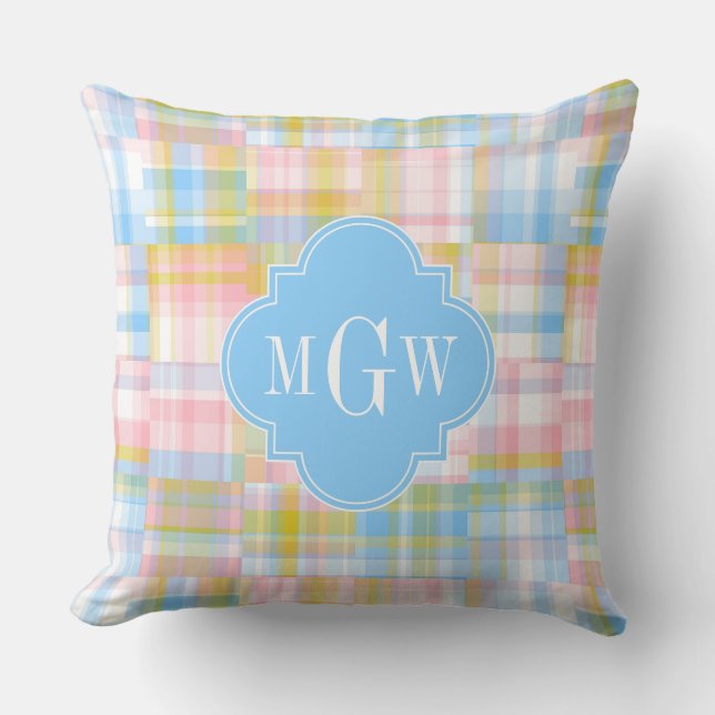 Preppy Patchwork Madras Pastel Quatrefoil Initials Cushion (Front)