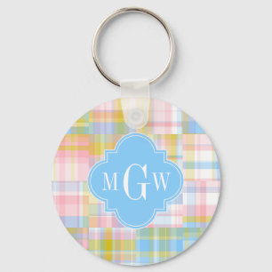 Preppy Patchwork Madras Pastel Quatrefoil Initials Key Ring