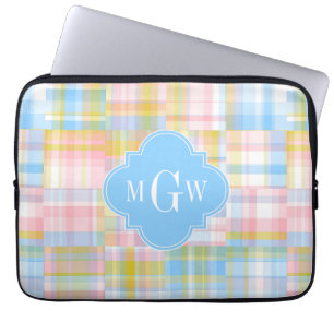 Preppy Patchwork Madras Pastel Quatrefoil Initials Laptop Sleeve