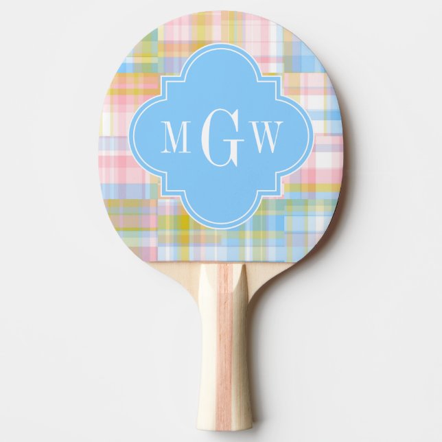 Preppy Patchwork Madras Pastel Quatrefoil Initials Ping Pong Paddle (Front)