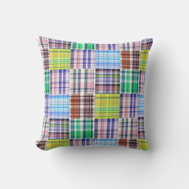 Preppy Patchwork Madras Plaid Pattern Cushion (Front)