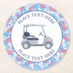 Preppy Patriotic Crabs Golf Cart Round Paper Coaster