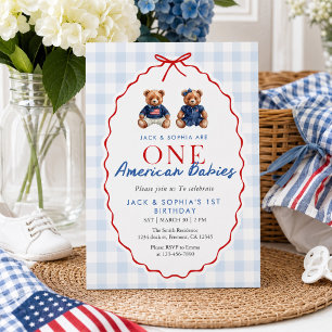 Preppy Patriotic Teddy Bear Twins Navy Gingham 1st Invitation