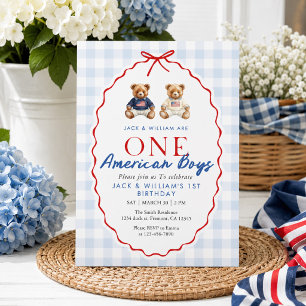 Preppy Patriotic Twin Boys Teddy Bear Navy Gingham Invitation