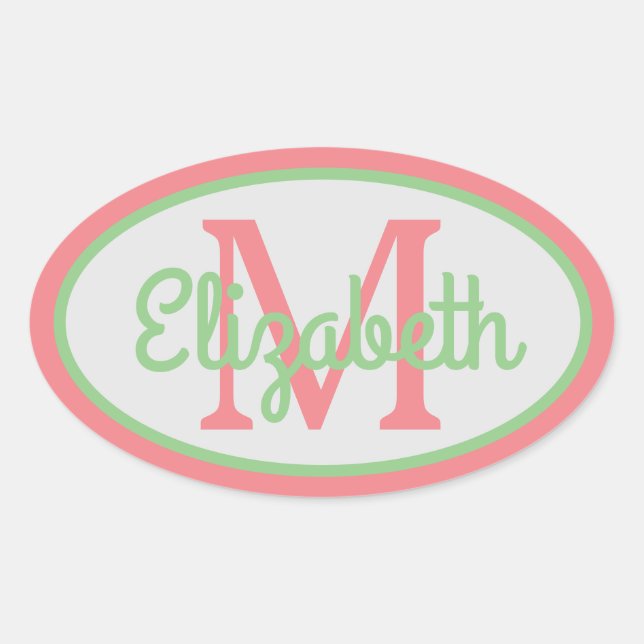 Preppy Peach and Sage Green Monogram Oval Sticker (Front)