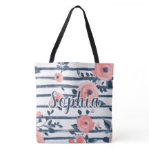 Preppy Peach Pink Floral Navy Stripe Personalised